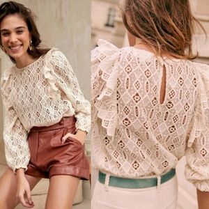 Sezane Salina Blouse Ecru Size 46 French US 14 Lace Ruffle Romantic Top‎ Boho